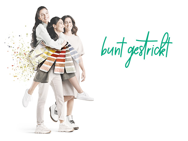 Drei Frauen haben zusammen Spaß. Ihr Bild ist dabei von einer Farbplatette überlagert. Bunt gestrickt