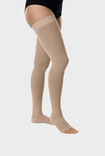 Juzo Basic thigh stockings in Almond, with open toe
