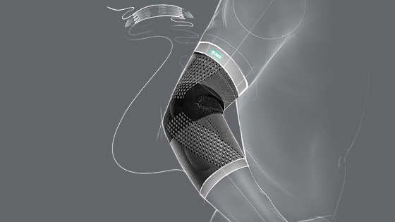 Zeichnung Maximale Bewegungsfreiheit Zeichnerische Herausstellung der druckminimierten Abschlussränder der Epi Xtra Ellenbogenbandage
