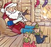 Weihnachtsmann und zwei Elfen am Kaminfeuer