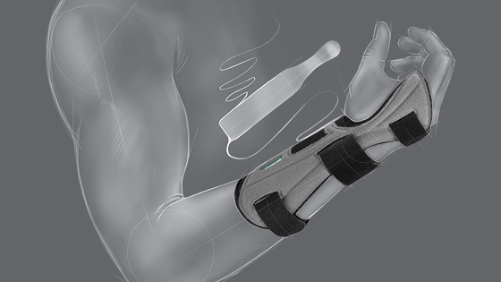 Zeichnung Einfache Reinigung Zeichnerische Herausstellung des entnehmbaren Stabilisierungsstabes der JuzoPro Manu Xtec Palmar Handgelenkbandage