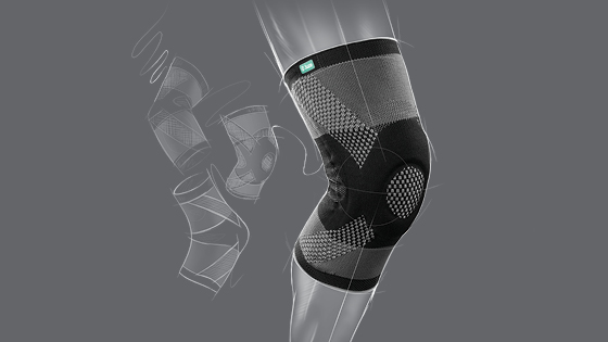 Zeichnung Zeitlos modernes Design Abbildung der Genu Xtra Kniebandage im Vordergrund und Zeichnungen der Malleo Xtra Sprunggelenkbandage und Epi Xtra Ellenbogenbandage im Hintergrund